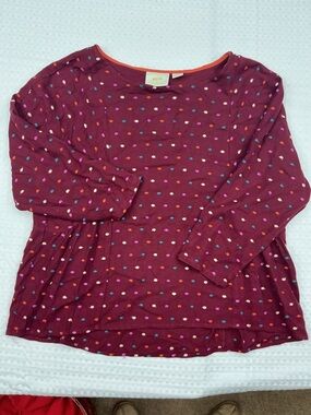 Anthropologie Burgundy Polka Dot Peplum Top with Multicolor Dots